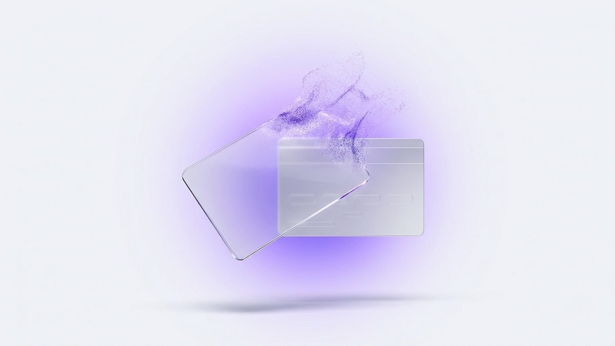 An empty glass identity card dissolving into light above a payment panel