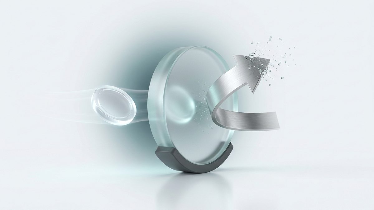 A brushed-metal reversal arrow shattering against a frosted glass valve while a payment coin passes cleanly through it