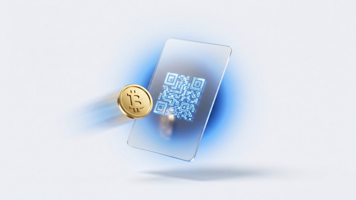 A glass checkout panel with a green lightning mark, floating between a bitcoin and an ethereum coin
