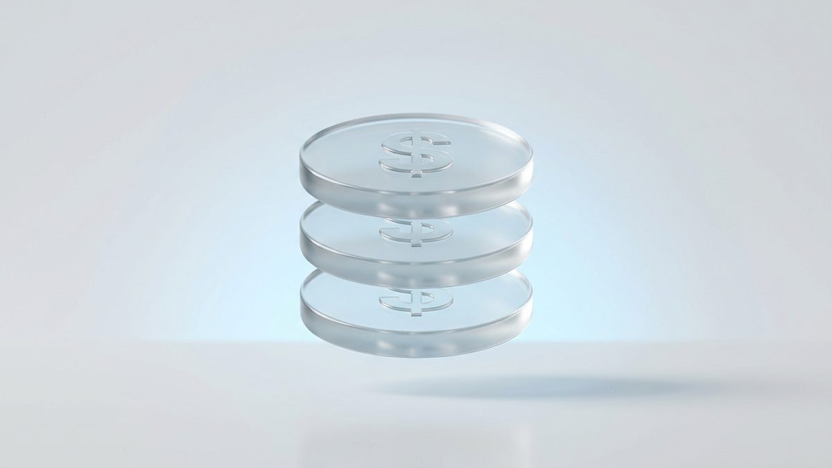 Three glass dollar tokens stacked in perfect balance on a reflective studio surface